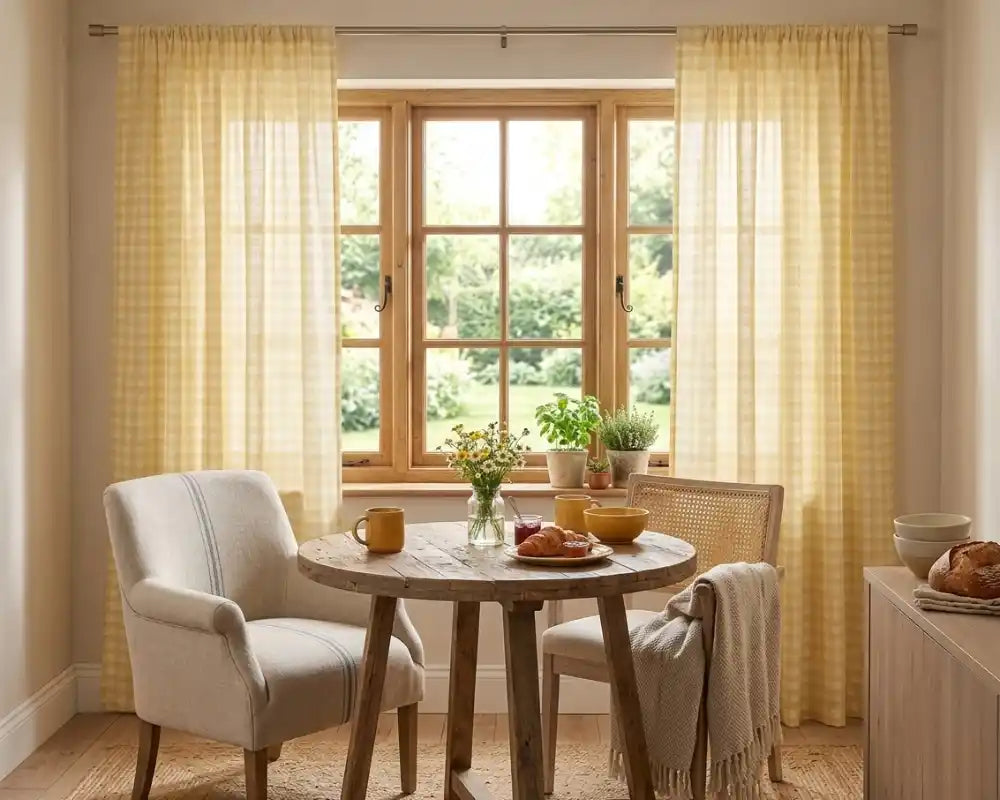 Yellow and white plaid curtain panels for cozy cottage style living room interiors