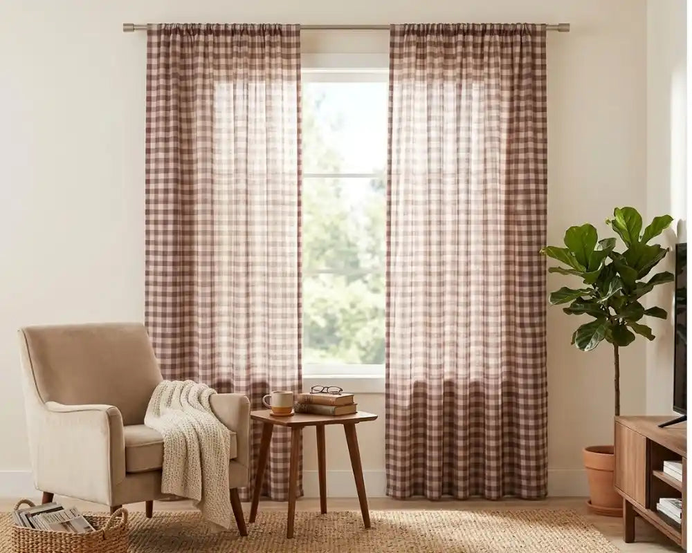Dark Red gingham window curtains with soft cotton fabric, featuring a light checkered pattern perfect for farmhouse kitchen and living room decor