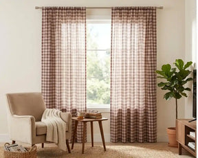 Dark Red gingham window curtains with soft cotton fabric, featuring a light checkered pattern perfect for farmhouse kitchen and living room decor