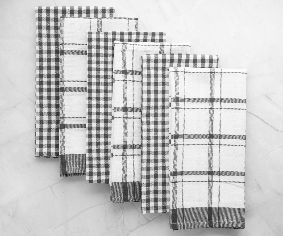 Plaid kitchen towels in neutral tones for a versatile and classic look.