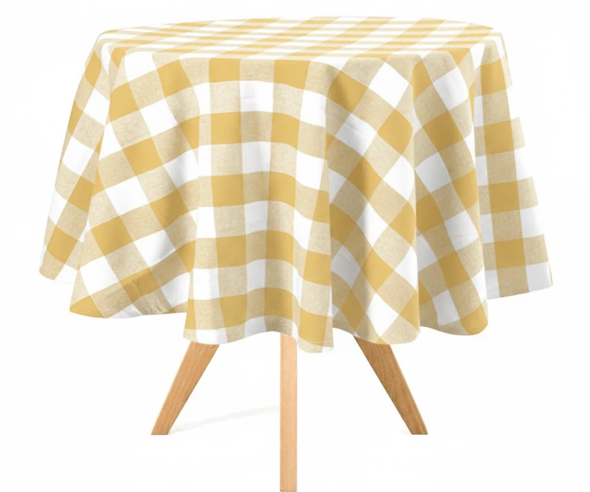 Pale yellow round tablecloth 60 inch in white plaid cotton on dining table