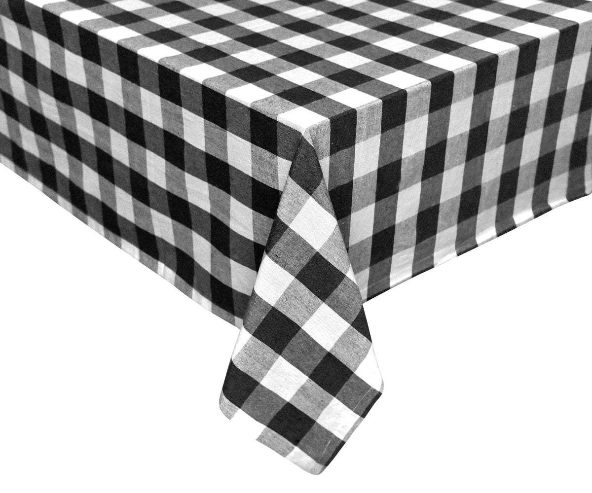 Classic black and white checkered tablecloth on a dining table