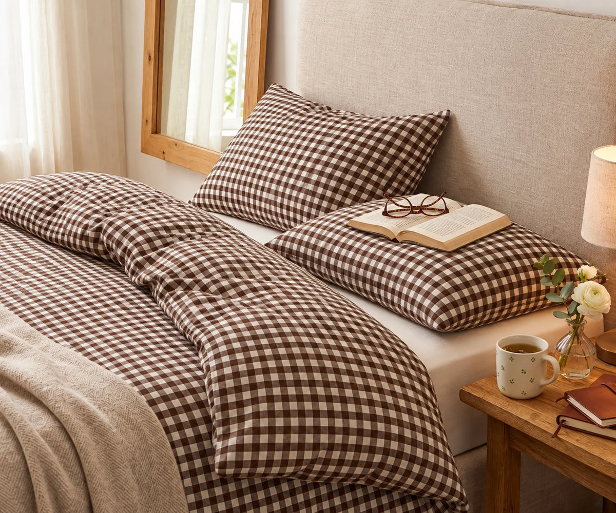 Chocolate brown checked bedding set with gingham duvet cover and pillowcases, cozy neutral bedroom décor with rustic wood accents.