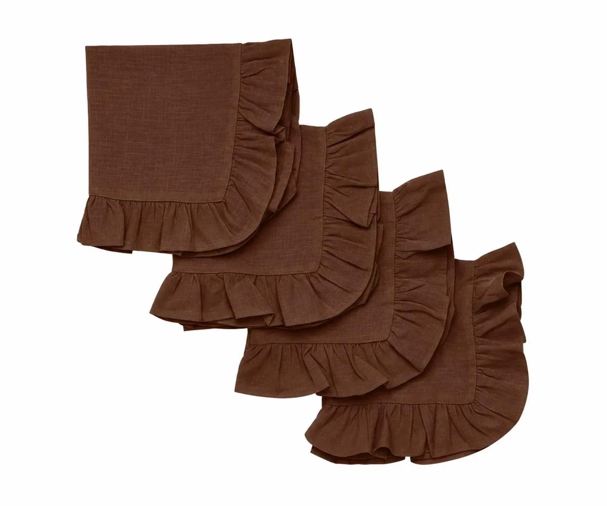 Set of four folded chocolate brown cotton cloth napkins featuring decorative ruffled edges