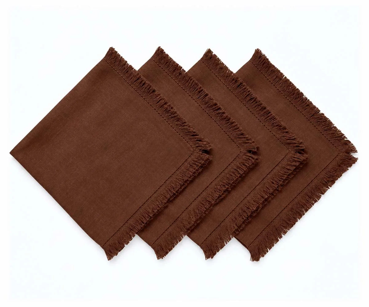 Chocolate Brown Fringe Trim Cotton Cloth Dinner Napkins Set of 4