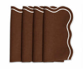 Set of four chocolate brown dinner napkins featuring contrasting white scalloped embroidered borders