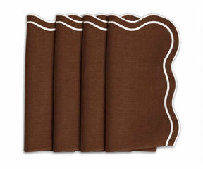 Set of four chocolate brown dinner napkins featuring contrasting white scalloped embroidered borders