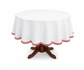 Red round cotton tablecloth with a decorative double scalloped edge, made from 100% cotton for a soft and structured drape. A great choice for holiday tables, festive meals, and seasonal décor on round dining tables.