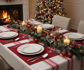 Dark red rectangular table placemats – washable fabric mats for modern table settings.