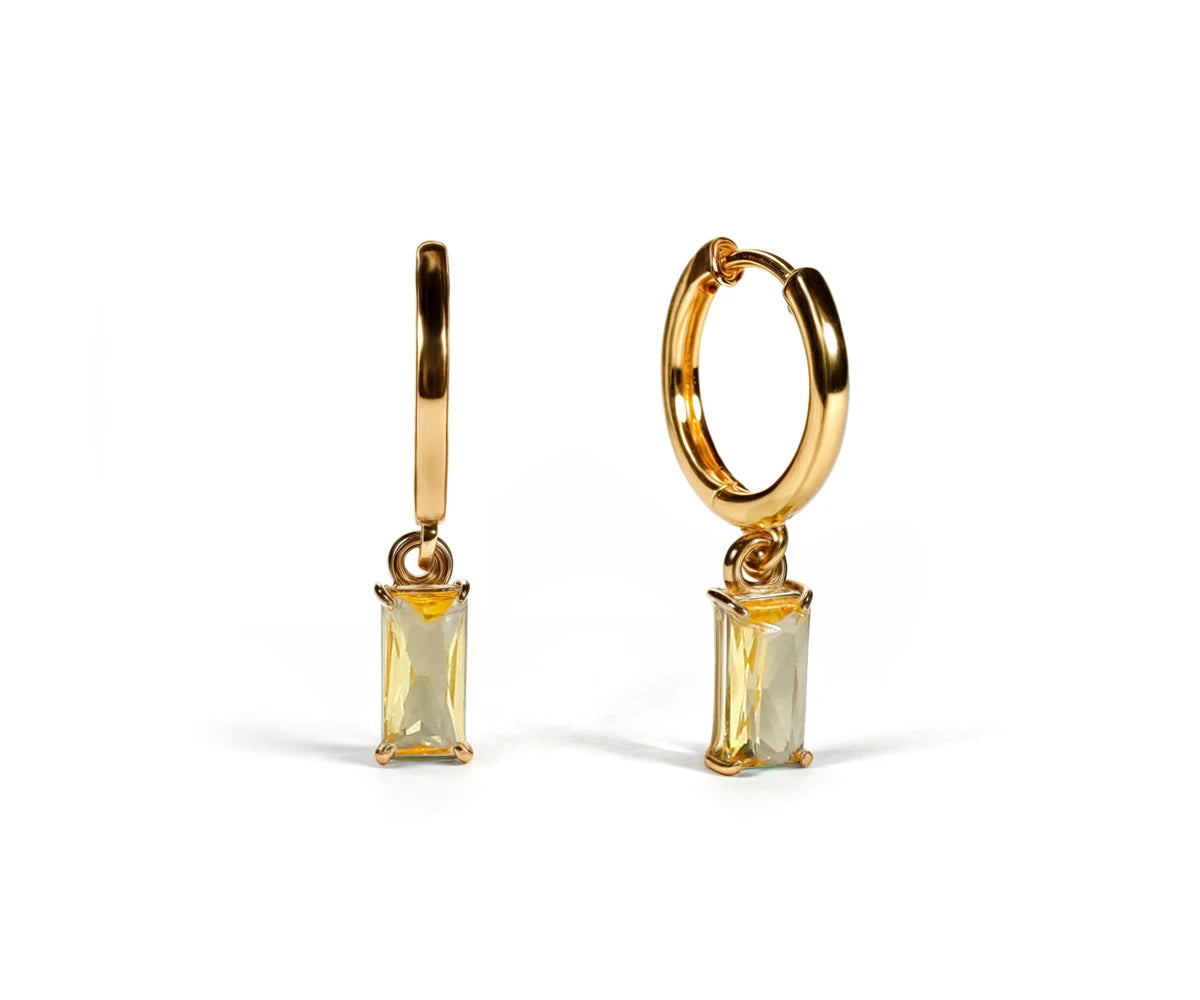 Gold plated citrine earrings with dangling gemstone charm, trendy huggie hoop earrings for women and birthday gifts