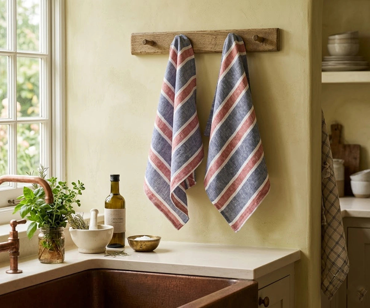 Red white and blue striped linen tea towels absorbent eco friendly kitchen hand towels for farmhouse decor