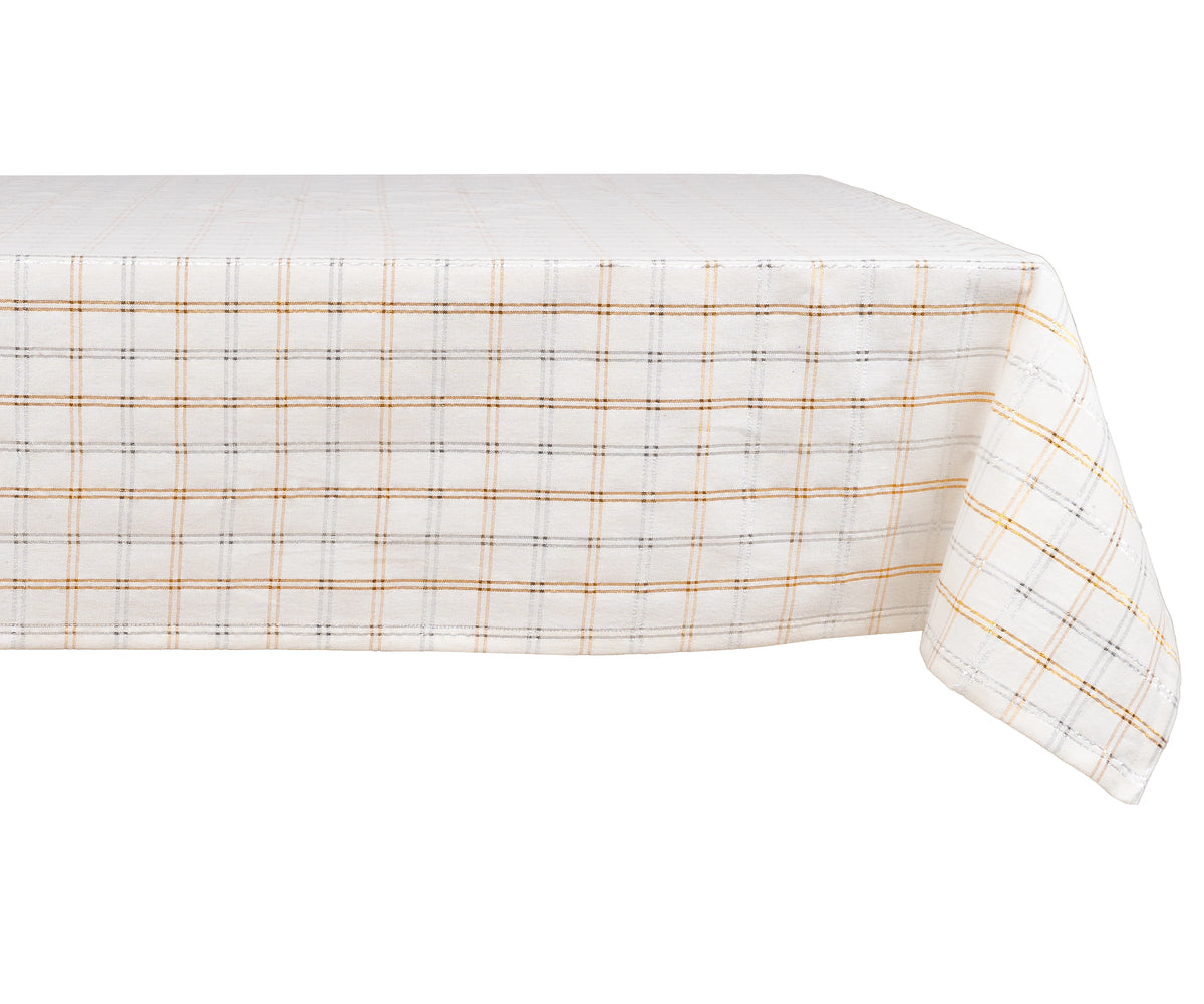 White cotton plaid Christmas tablecloth featuring light orange and dark gray lines, perfect for festive dining and holiday table décor.