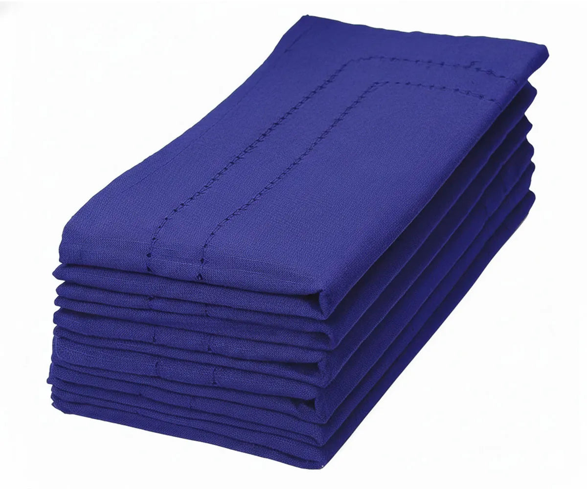 Set of 100% cotton dinner napkins with double hemstitch detailing, 20x20 inches, available in multiple colors for weddings and formal table settings.