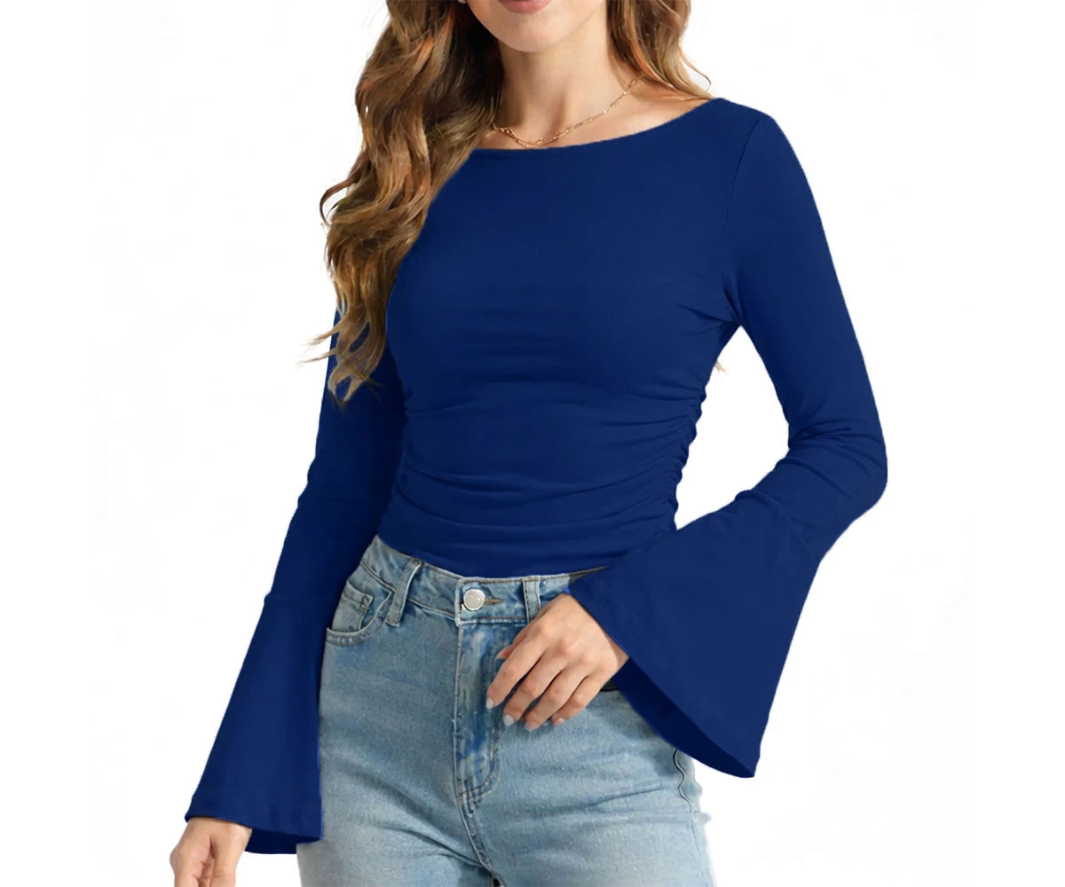 Dark Blue  women’s long sleeve organic cotton boatneck tee displayed on a neutral background, highlighting its lightweight and clean silhouette.