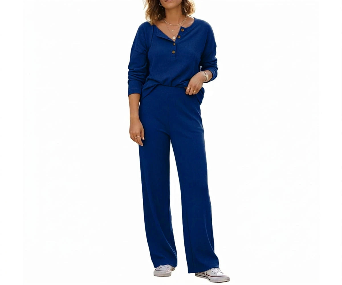 Women’s Dark Blue linen long sleeve pajama set, breathable relaxed fit linen sleep and lounge wear