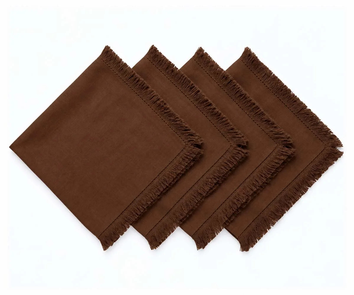 Coffee Brown Fringe Trim Cotton Cloth Dinner Napkins Set of 4