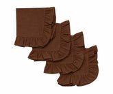 Set of four folded coffee brown cloth napkins featuring decorative ruffled edges