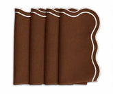 Set of four coffee brown dinner napkins featuring contrasting white scalloped embroidered borders