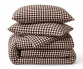 Coffee brown and white gingham duvet cover set in European linen, cozy rustic bedding for bedrooms