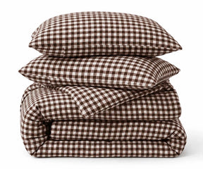 Coffee brown and white gingham duvet cover set in European linen, cozy rustic bedding for bedrooms
