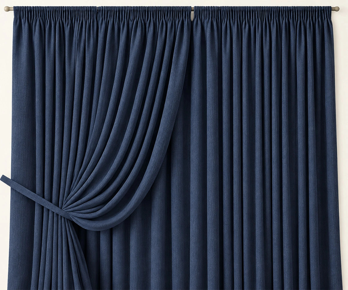 Navy blue lined cotton blackout window curtain, room darkening privacy drape for bedroom, living room and media room