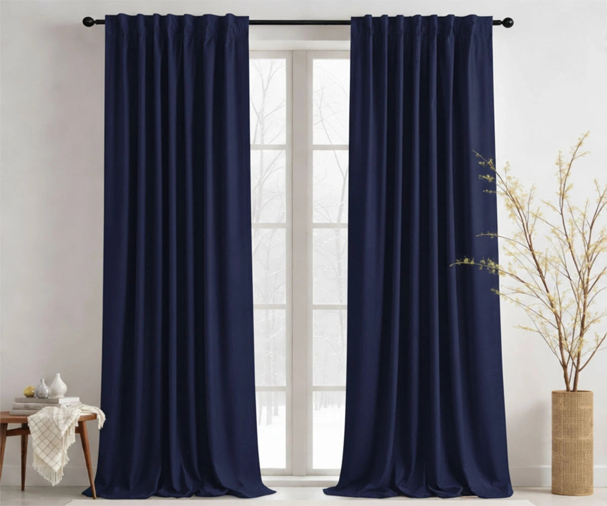 Navy blue cotton curtains with full-length drape