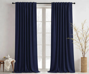 Navy blue cotton curtains with full-length drape