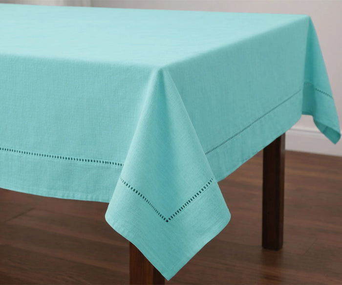 Solid Aqua blue cotton tablecloth with stitched hem