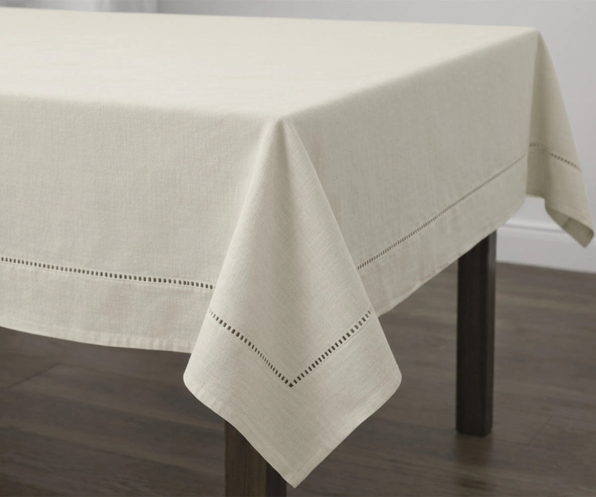 Solid Ivory cotton tablecloth with stitched hem
