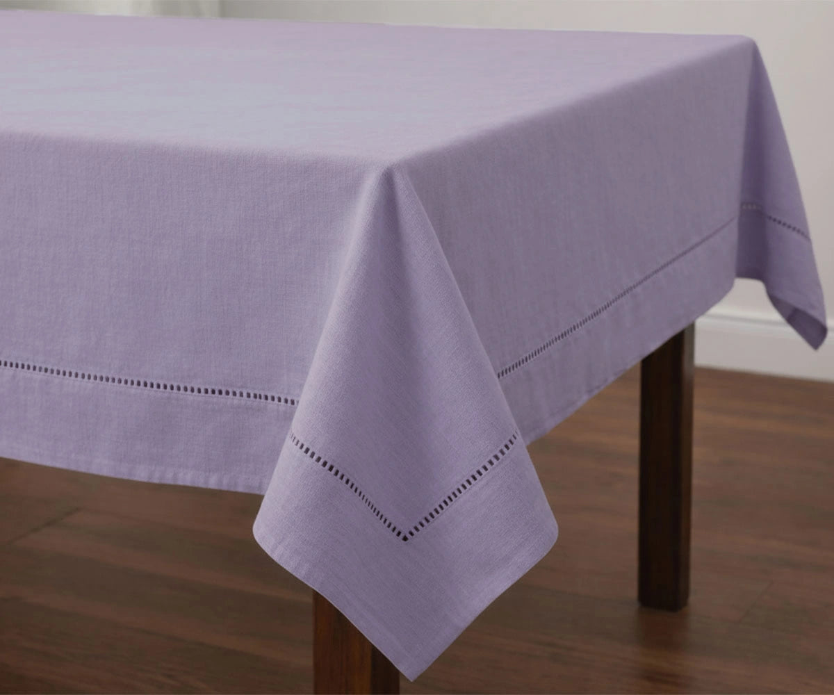 Solid lavender cotton tablecloth with stitched hem