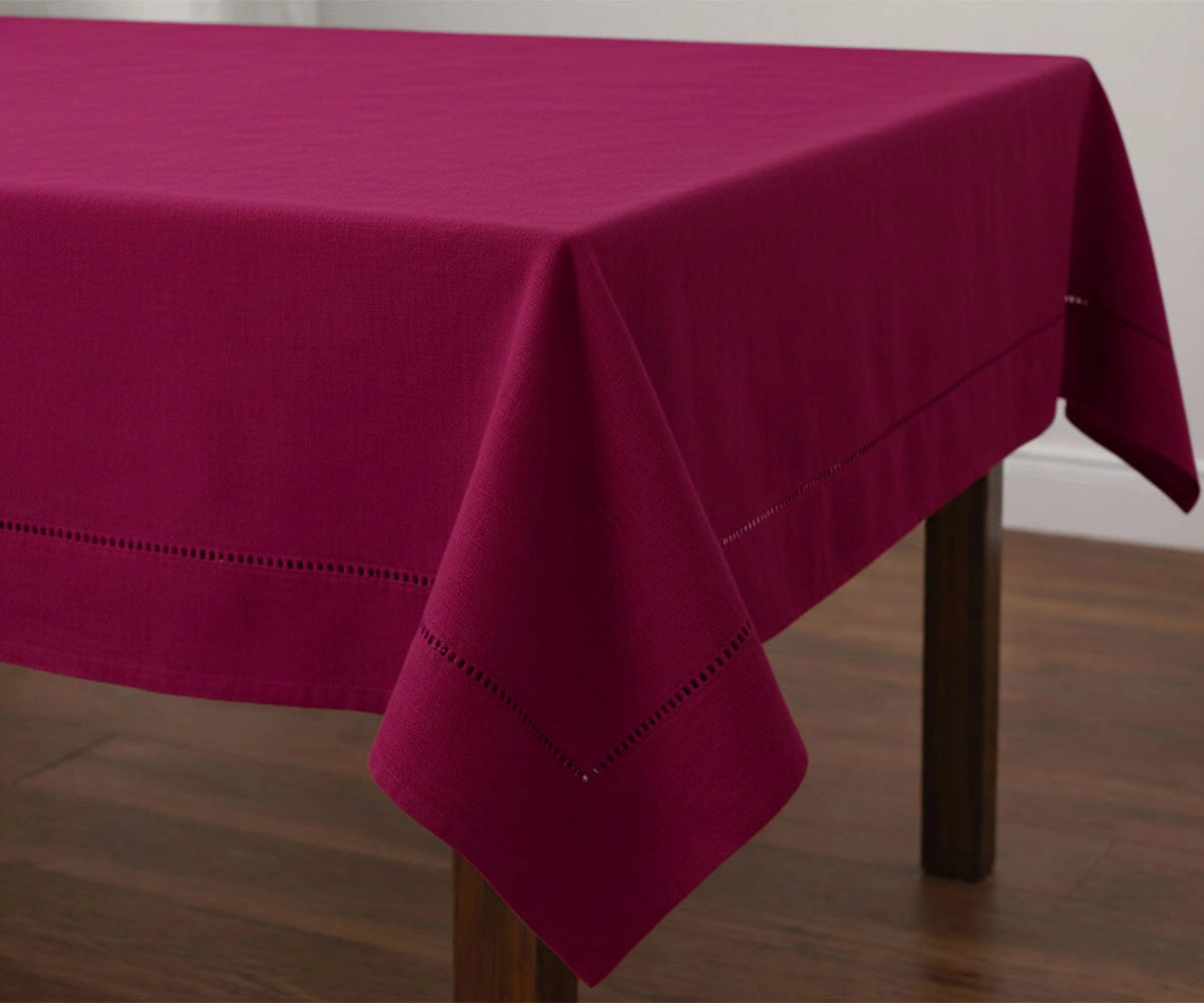 Solid Merlot cotton tablecloth with stitched hem