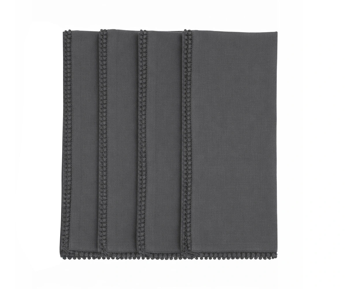 Charcoal gray cotton pom pom napkin with textured edge