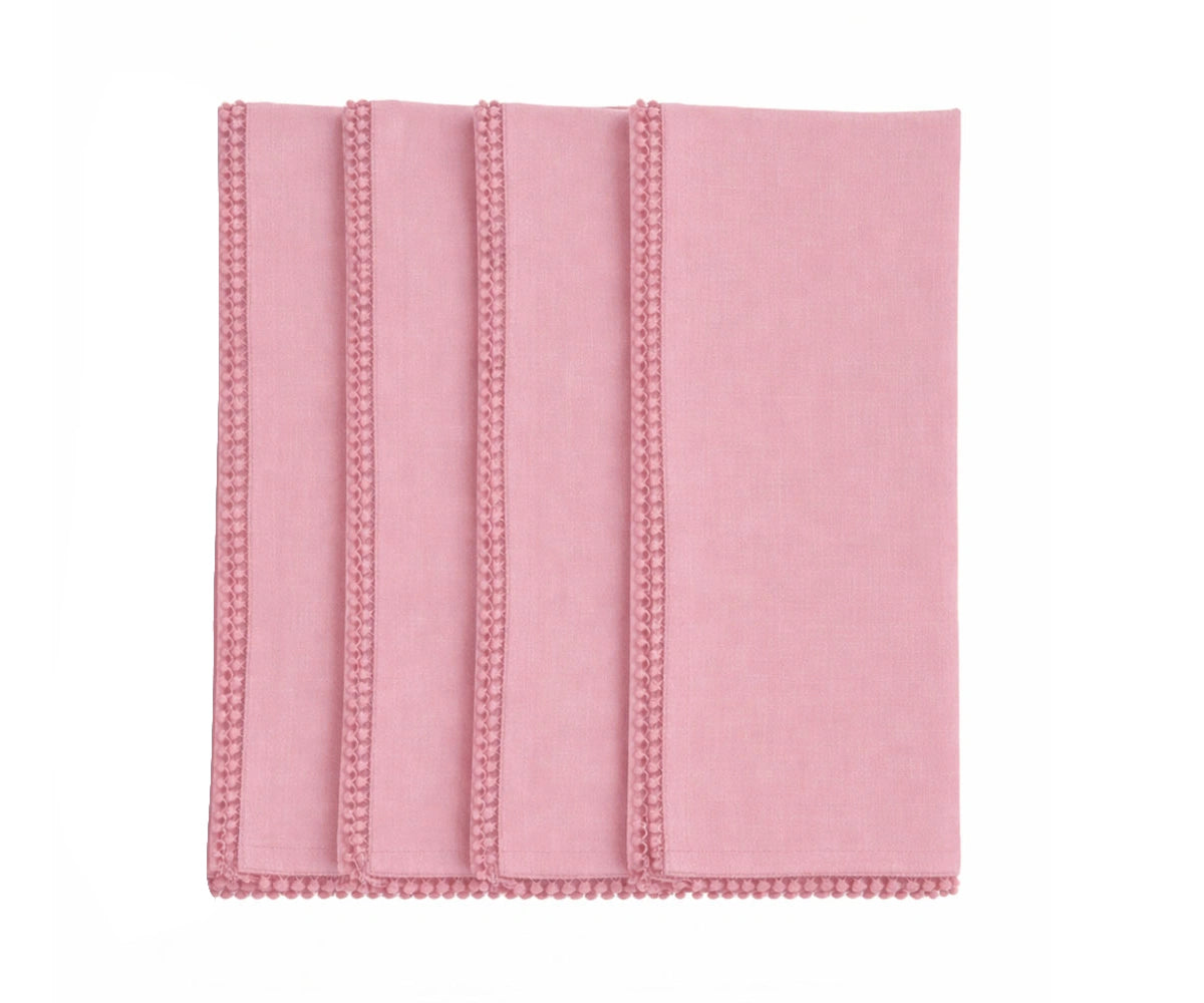 Peony pink cotton napkin with pom pom edging