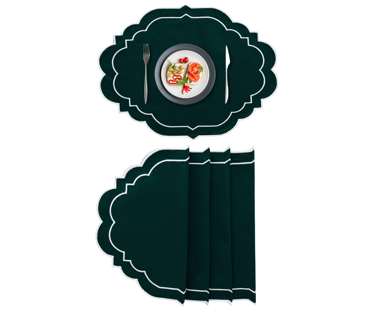Green cotton placemats are durable dining mats for oval tables.