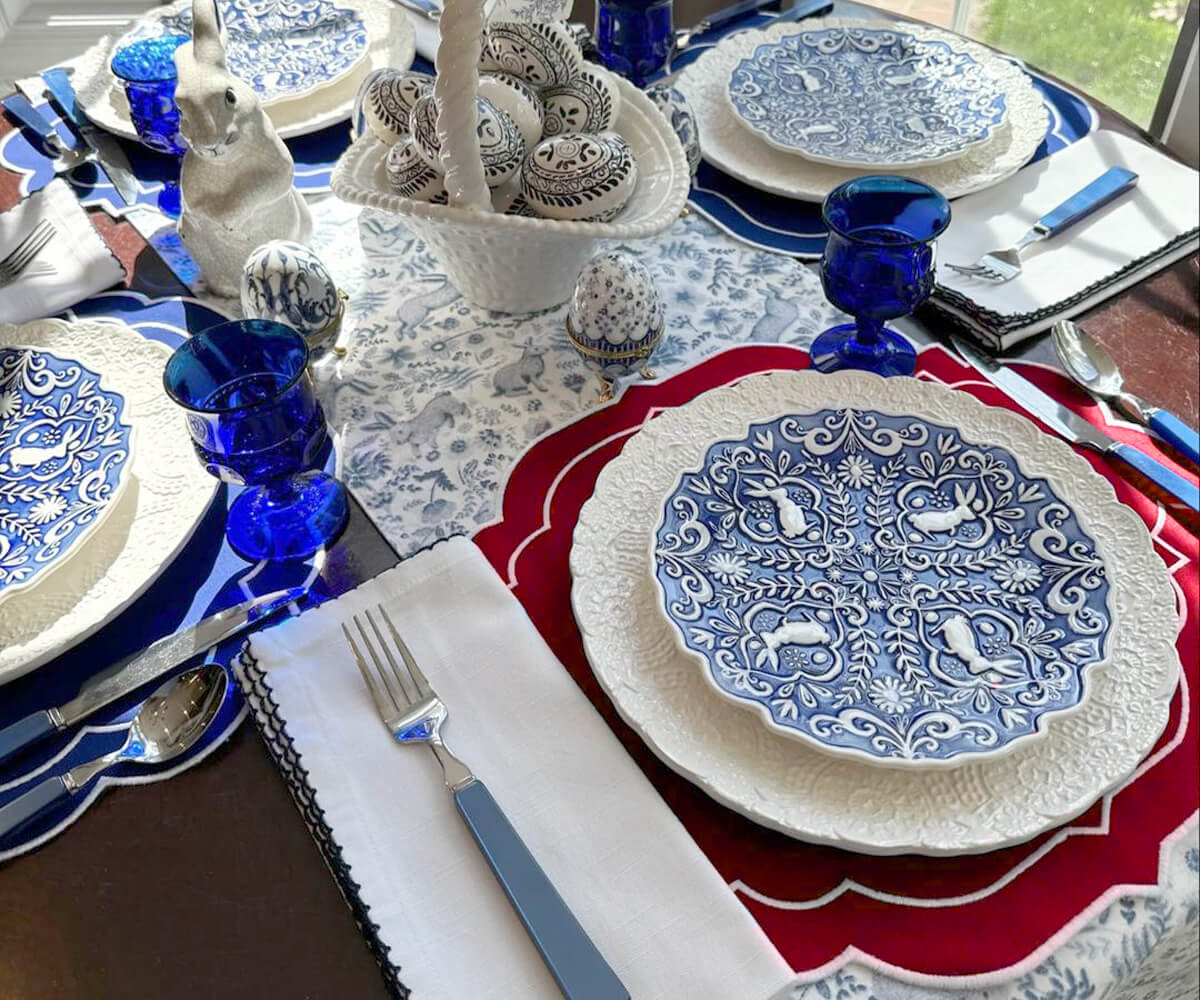 A Blue placemat for a sleek and modern table setting.