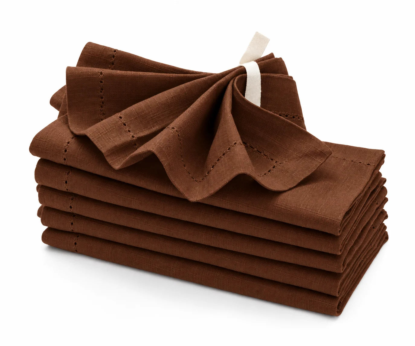 Stacked chocolate brown cotton hemstitched dinner napkins set