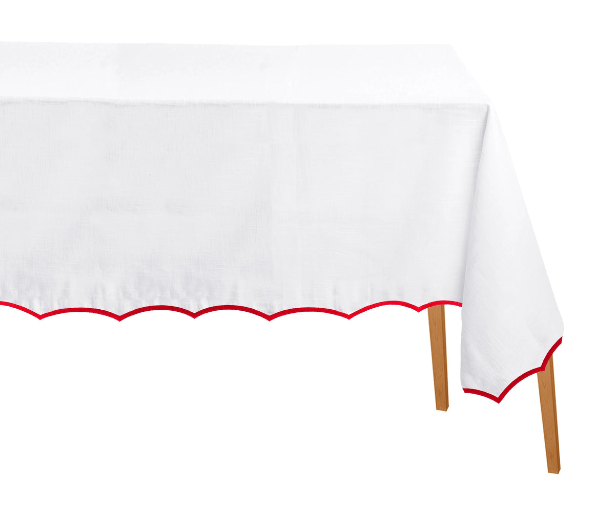 red scalloped tablecloth made from 100% cotton with scallop edge, perfect for weddings, Christmas, and family gatherings.
