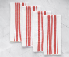 Set of four red and white striped hanging towels for the kitchen