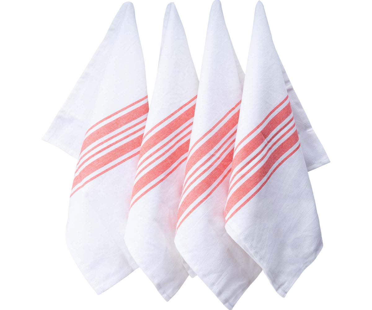 A trio of plush white kitchen towels featuring vibrant red stripes