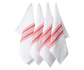 A trio of plush white kitchen towels featuring vibrant red stripes