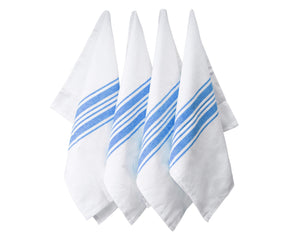 Three soft kitchen towels with blue stripes, offering a glimpse of their texture