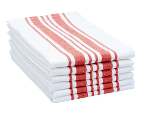 Red napkins table decor with red and white striped napkins and a vase of fresh flowers.