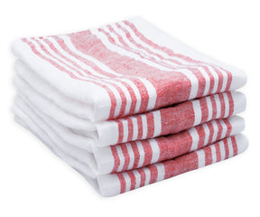 Four white linen dinner napkins with red stripes in a neat stack