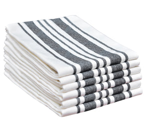 Four white and blue striped restaurant napkins stacked together