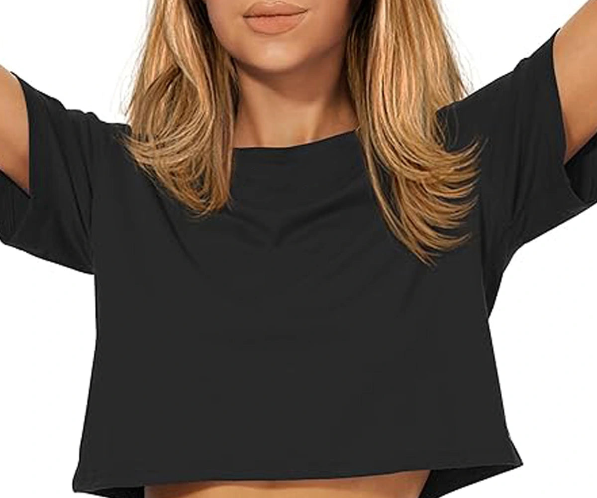 Soft and durable black women's crop top with self-collar design and modern fit.