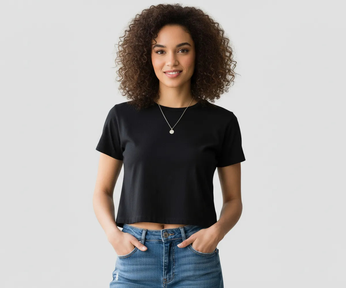 Black cotton slub crew neck slim crop top for women, short-sleeved workout tee