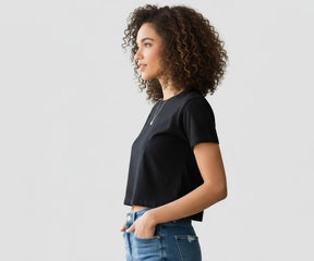 Women’s black crop top t-shirt, breathable cotton blend with slim fit crew neck