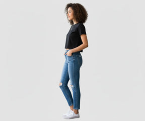 Moisture-wicking black workout crop top, soft cotton slub fabric with stretch