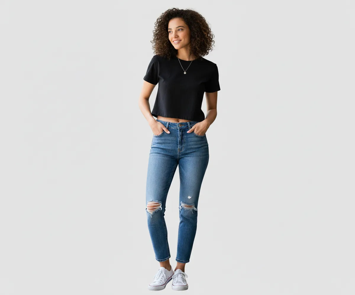 Durable black slim fit crew neck crop top, short sleeves for casual or gym wear