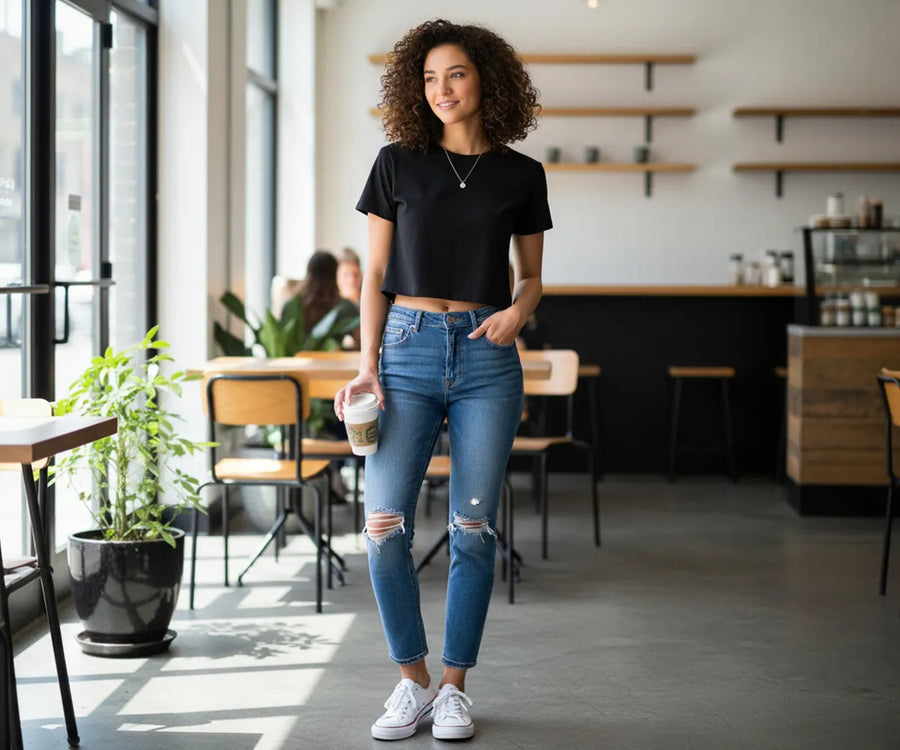 Lightweight black women’s crop top, bamboo cotton blend tee for everyday style